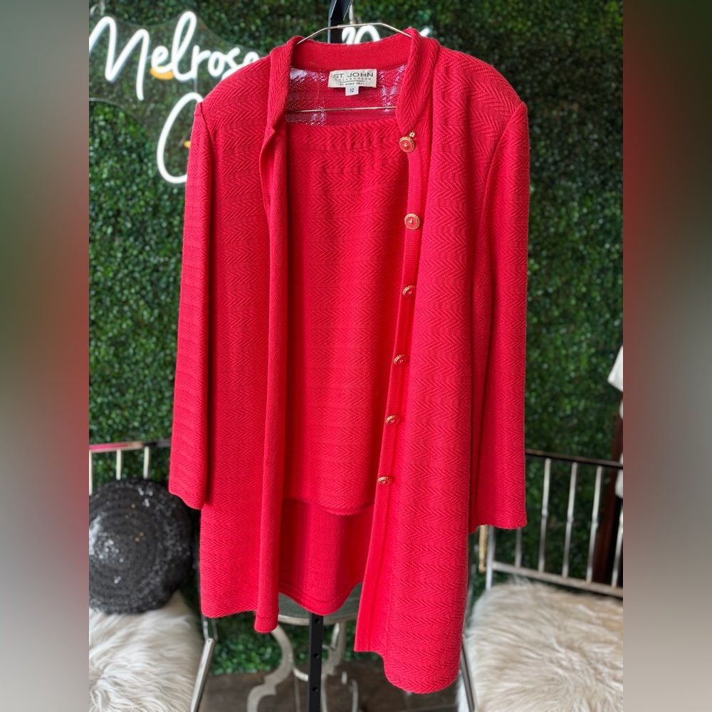 St. John Coral Red Knit Long Cardigan and Skirt Set